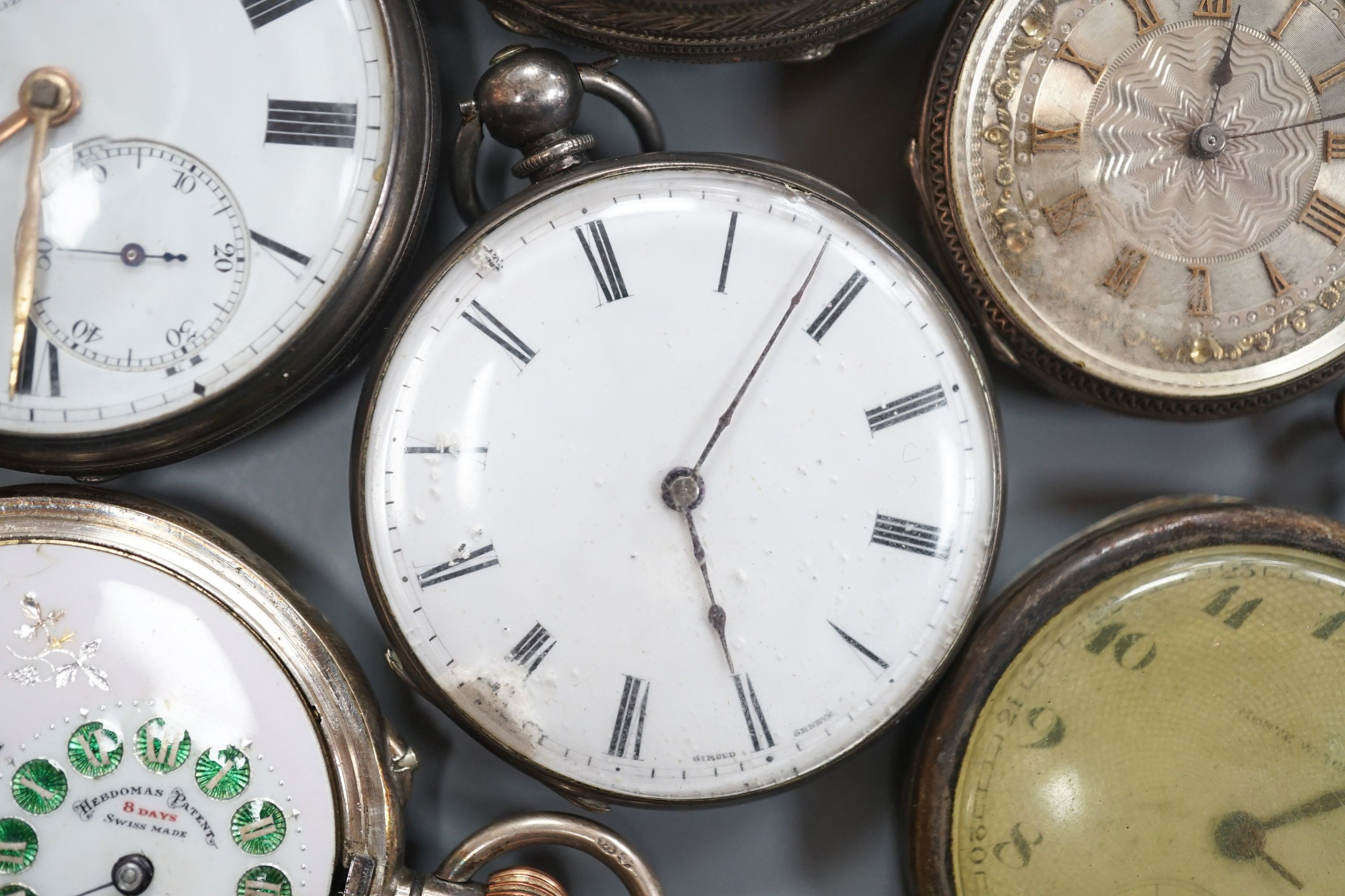 Six assorted late Victorian and later silver or white metal pocket watches, including J.W. Benson.